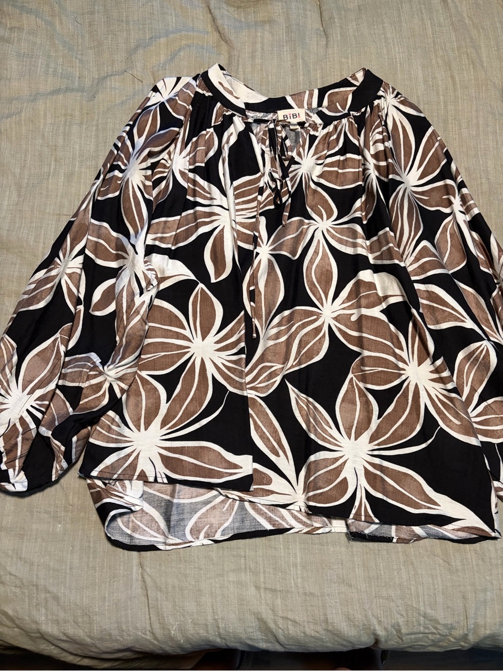 BiBi Black Floral Bell Sleeve Blouse with Brown & White Motif